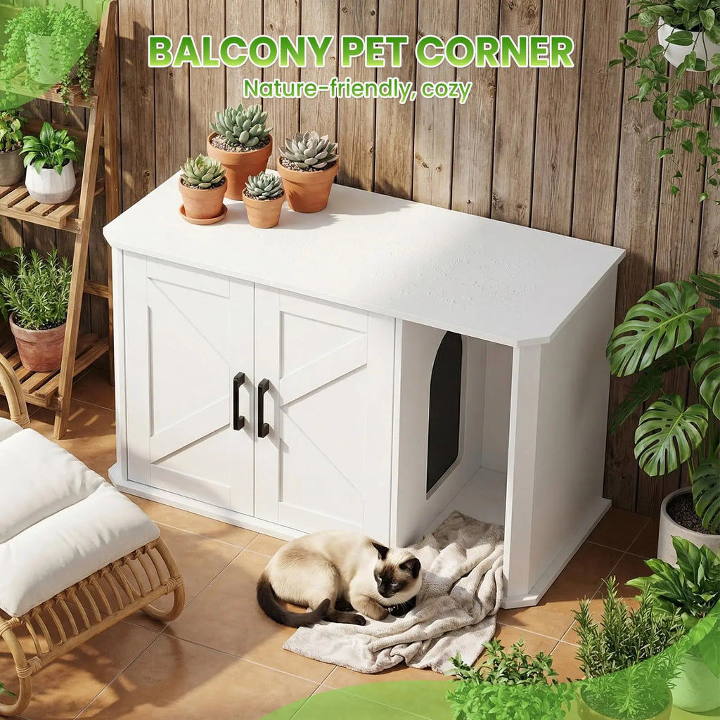Side-Entry Wooden Cat Litter Box Cabinet with Double Doors
