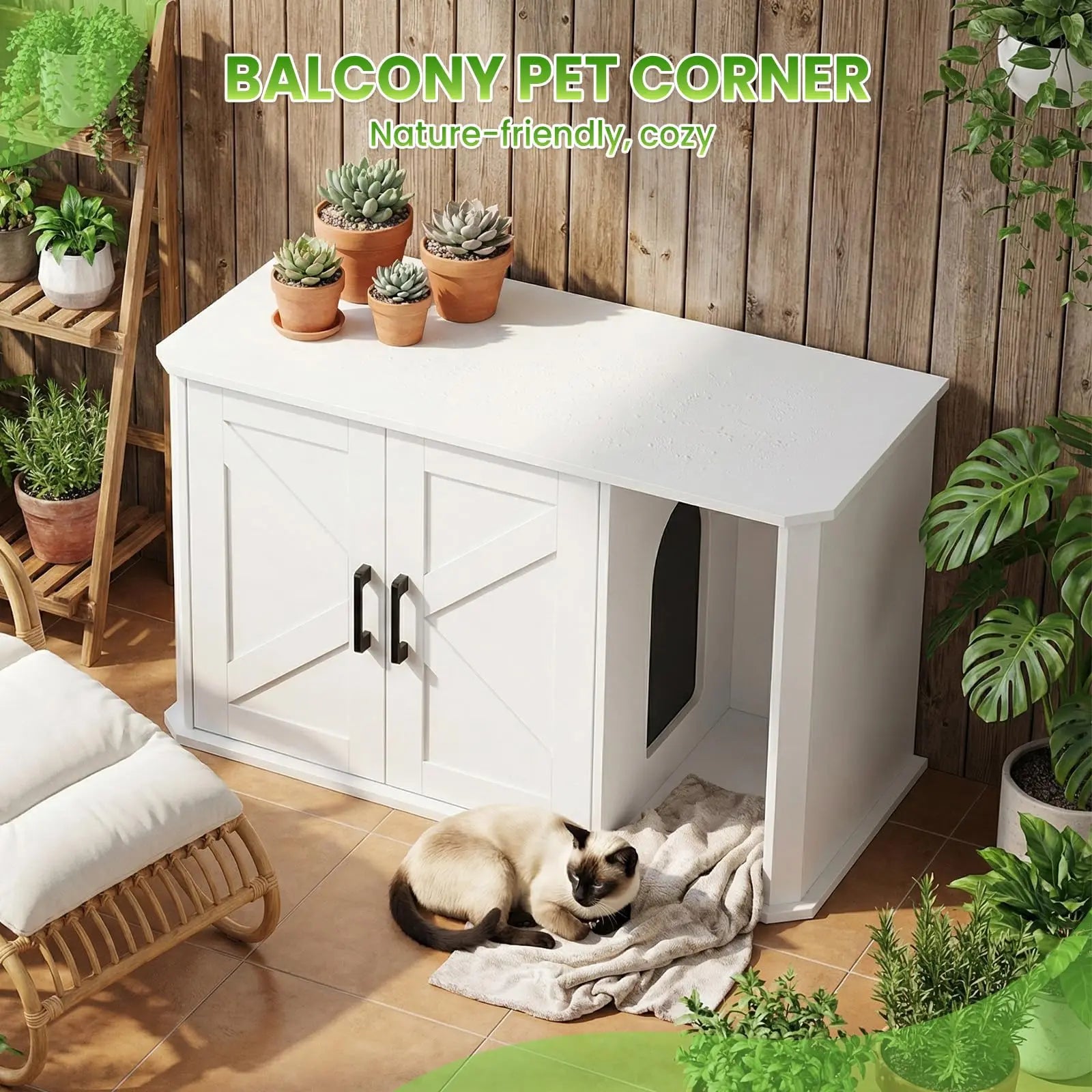 Side-Entry Wooden Cat Litter Box Cabinet with Double Doors