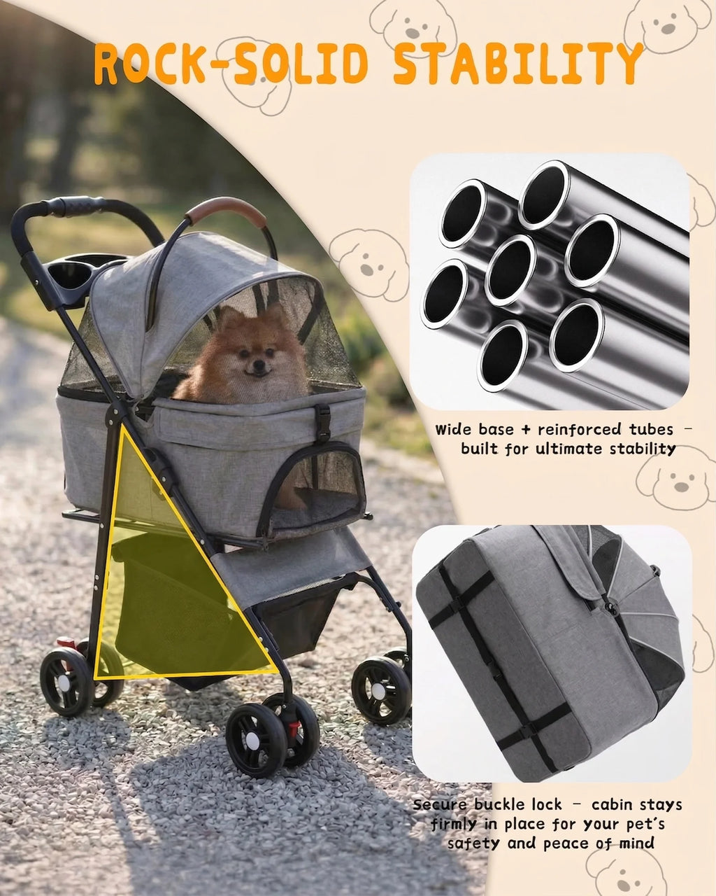 2-in-1 Dog Stroller & Carrier (Detachable, 4-Wheel, Foldable, Lightweight)