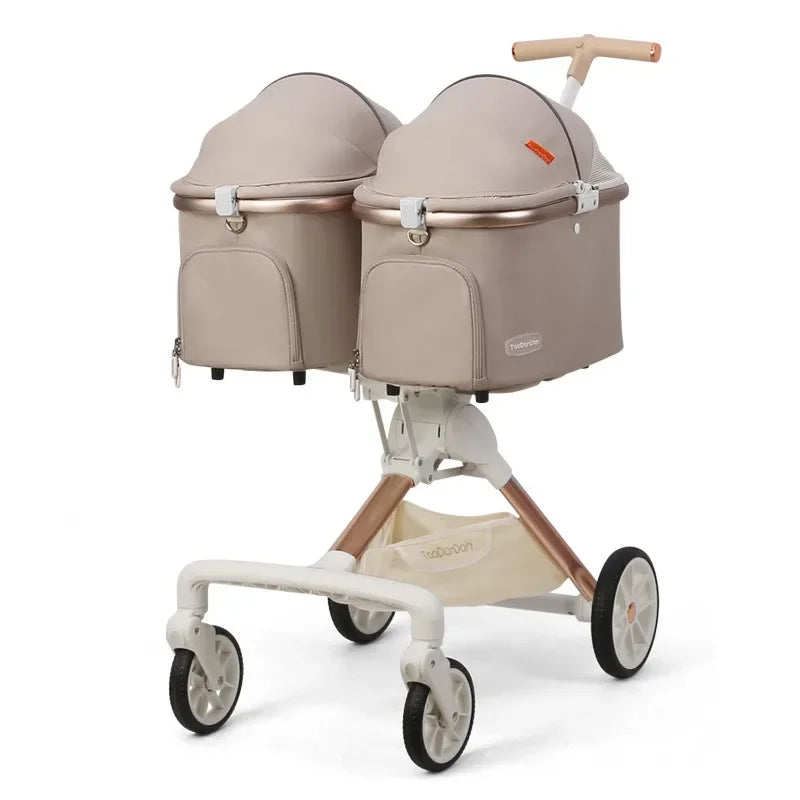 Luxury 4-Wheel Dual Cat Stroller for 2 Cats with Detachable Carrier Bag