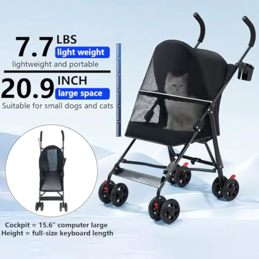 Lightweight Foldable Black Pet Stroller with Mesh Ventilation & Cup Holder for Dogs & Cats