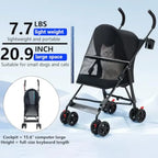 Lightweight Foldable Black Pet Stroller with Mesh Ventilation & Cup Holder for Dogs & Cats
