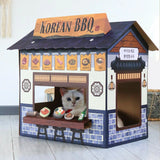 Large Cardboard Cat Cave House with Scratcher, Korean BBQ Design