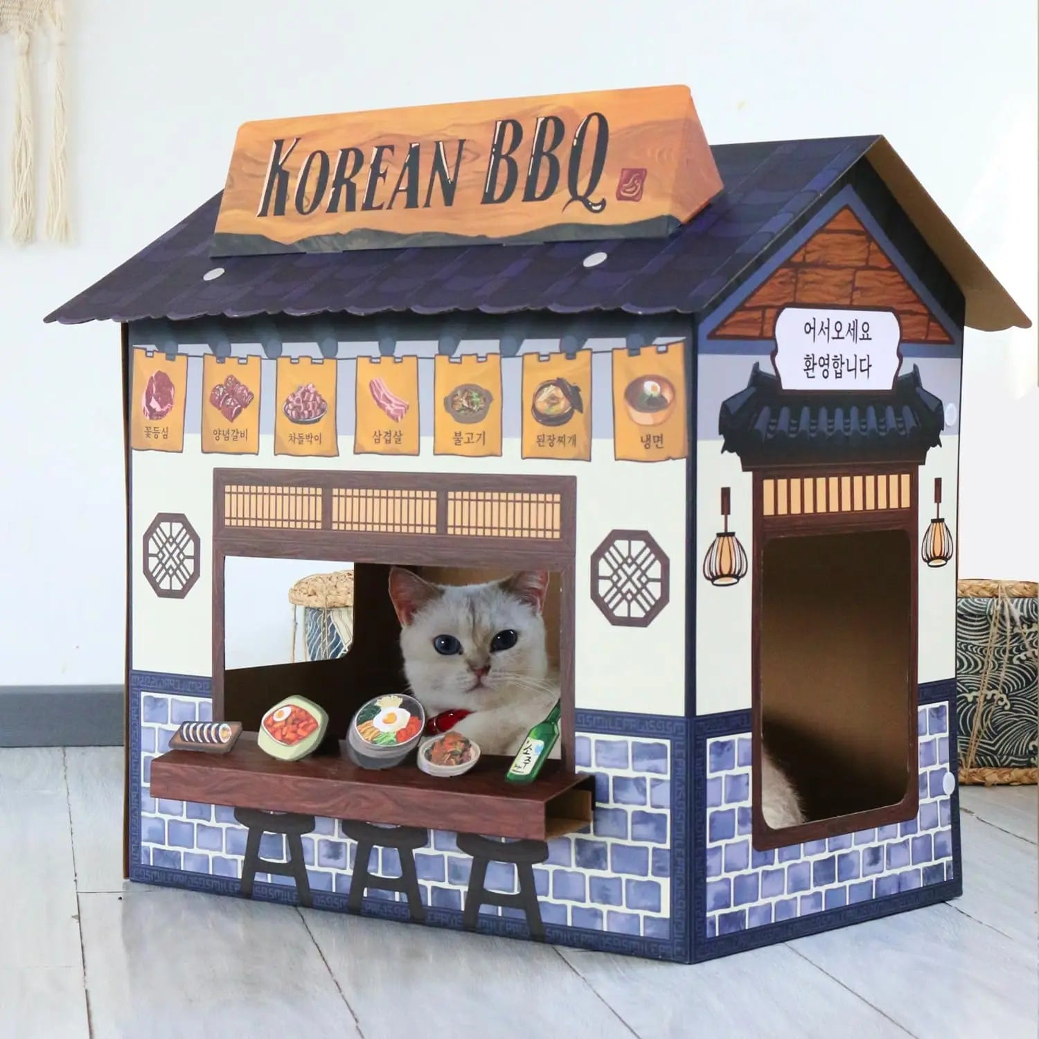 Large Cardboard Cat Cave House with Scratcher, Korean BBQ Design