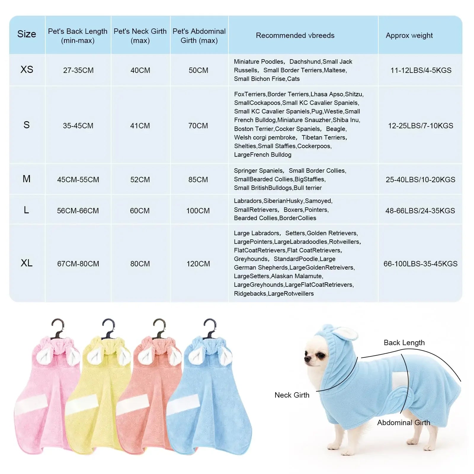 Hooded Pet Bathrobe — Adjustable Collar & Belly Strap, XS to L