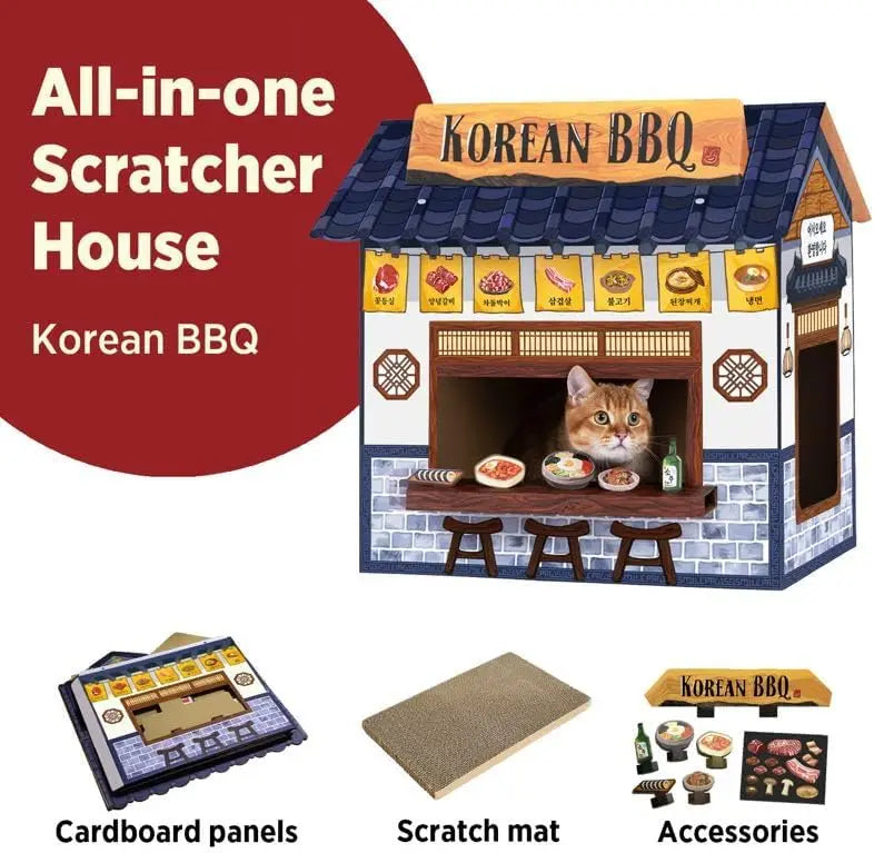 Large Cardboard Cat Cave House with Scratcher, Korean BBQ Design