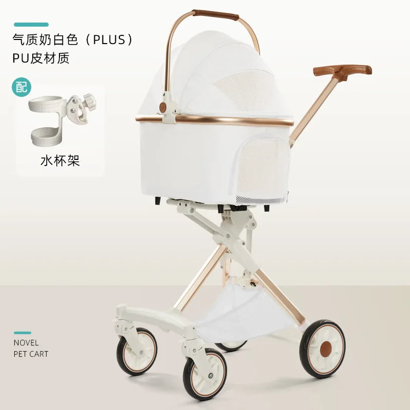 White High-View One-Click Foldable Pet Stroller for Small & Medium Dogs