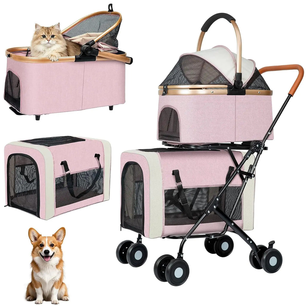 Double Pet Stroller for Dogs & Cats — Foldable with 2 Detachable Carriers, Safety Belts & 4 Lockable Wheels