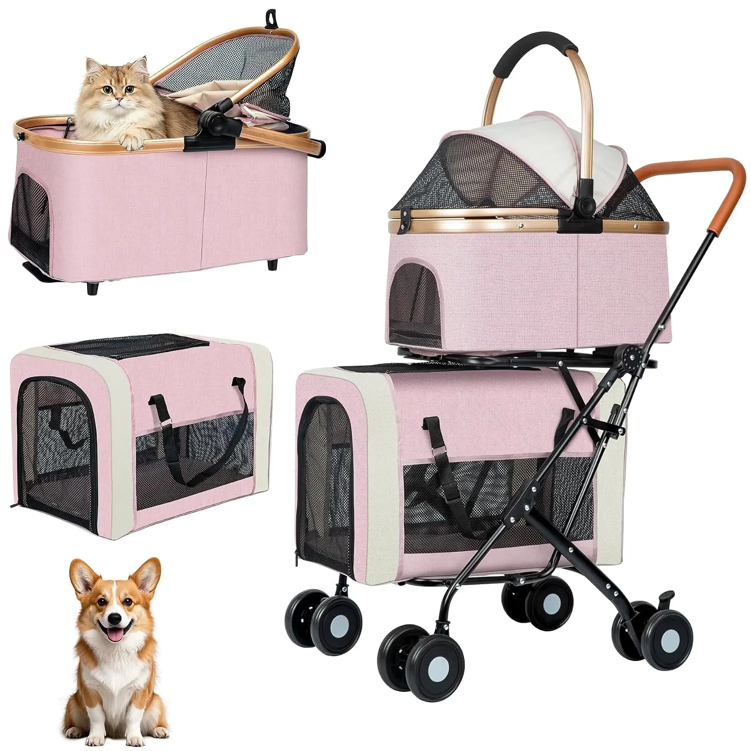 Double Pet Stroller for Dogs & Cats — Foldable with 2 Detachable Carriers, Safety Belts & 4 Lockable Wheels
