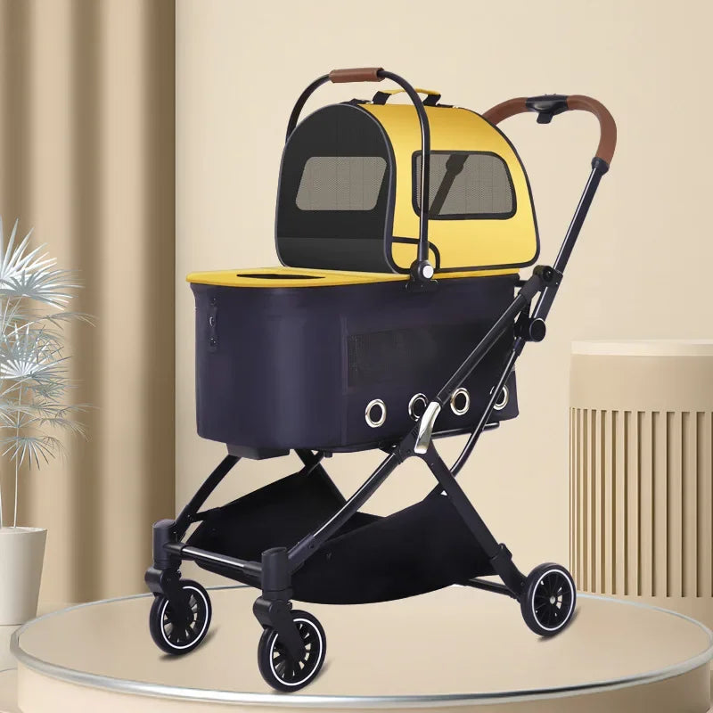 Folding Double-Layer Detachable Pet Stroller Cart for Small & Medium Dogs