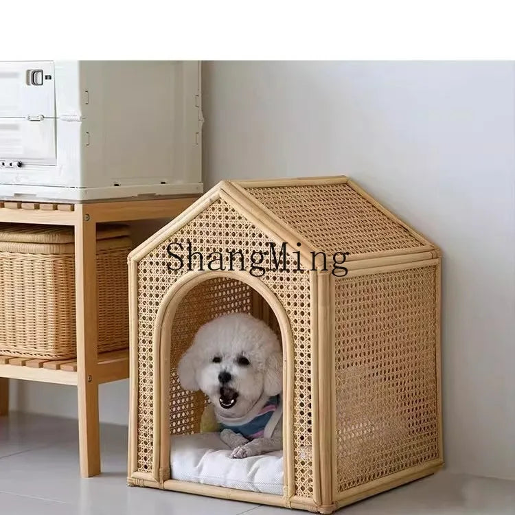 Handmade Natural Rattan Cat Bed with Roof Kennel