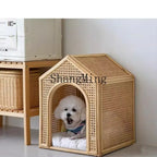 Handmade Natural Rattan Cat Bed with Roof Kennel