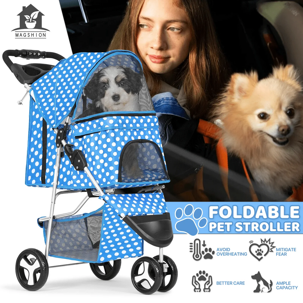 Magshion Foldable 3-Wheel Pet Jogger Stroller with Storage Basket & Cup Holder