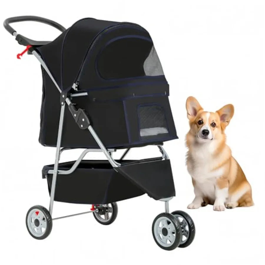3-Wheel Foldable Pet Stroller with Cup Holder for Small & Medium Dogs & Cats — Lightweight Travel Carrier