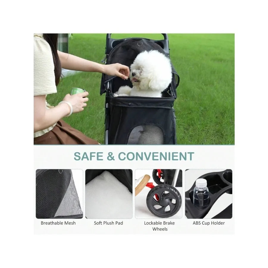Lightweight 3-Wheel Pet Stroller with Storage Basket, Cup Holder & Breathable Mesh for Cats & Dogs