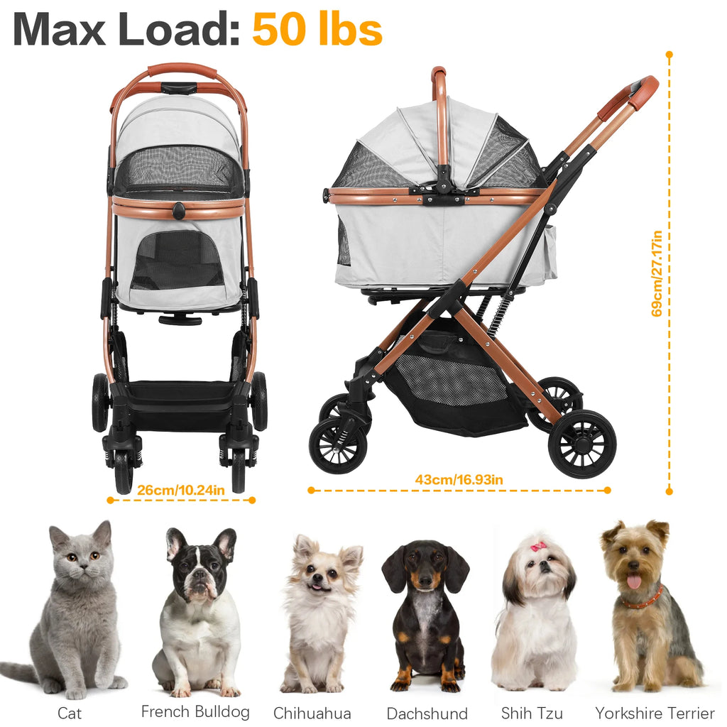 All-Terrain Puppy Cage Jogger Stroller with Detachable Carrier & Sun Shades for Large Dogs