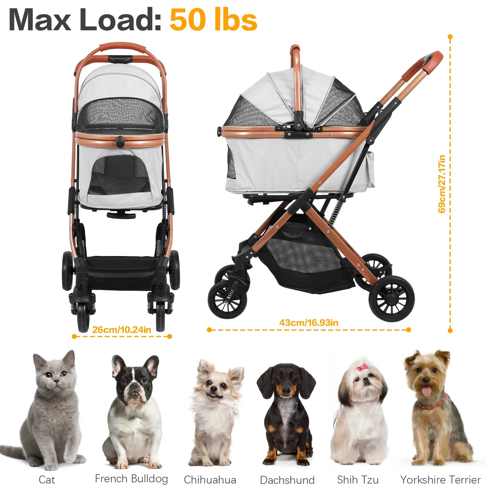 All-Terrain Puppy Cage Jogger Stroller with Detachable Carrier & Sun Shades for Large Dogs