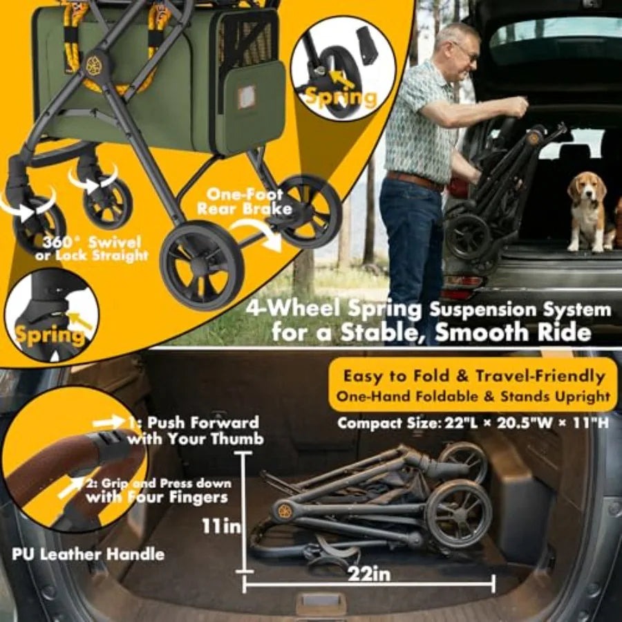 PAWZIDEA TSA-Approved Double Pet Stroller with 2 Detachable Carriers & Car Seat Combo