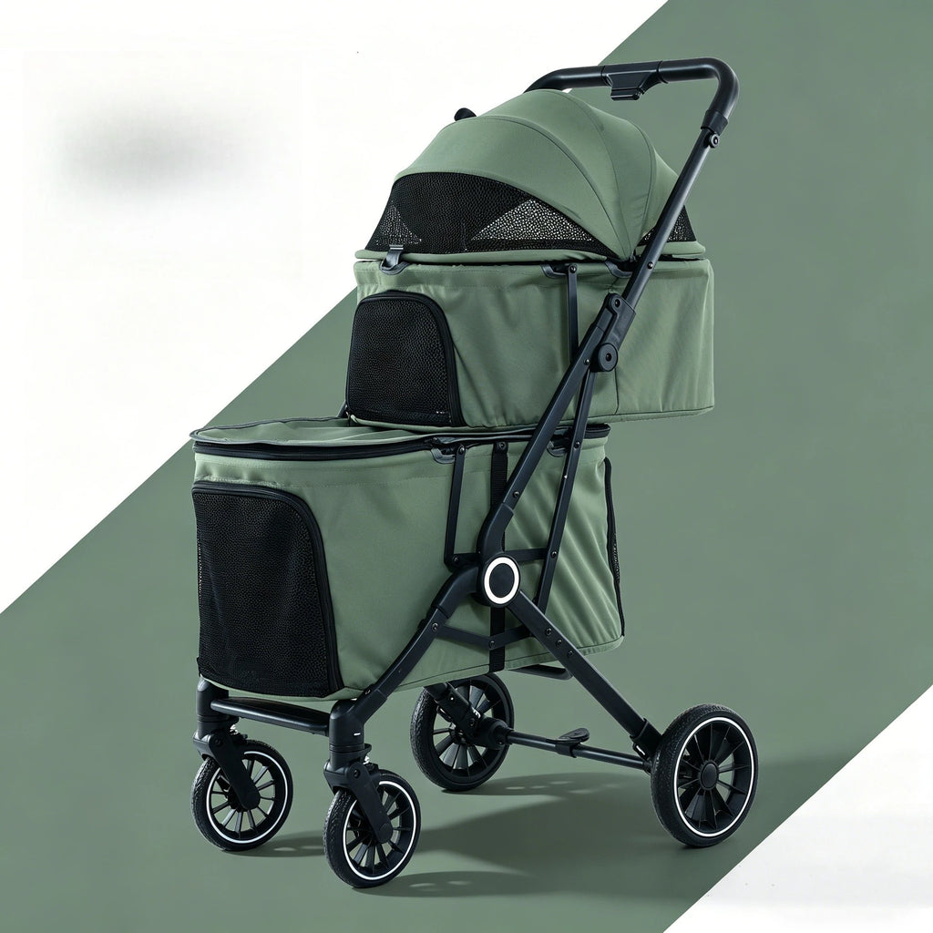 Foldable Double Pet Stroller for Medium Dogs & Cats — 4 Lockable Wheels, Safety Belts, Multi-Pet Carriage