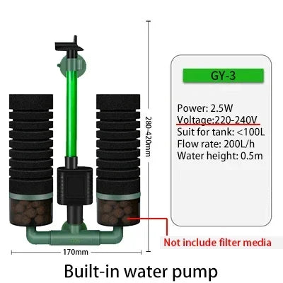 3-in-1 Submersible Aquarium Filter Pump (220V, Sponge + Bio + Chemical)