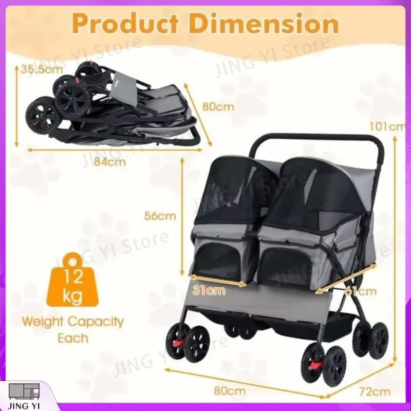 Foldable Double Pet Stroller with Adjustable Sunshade & Storage Basket