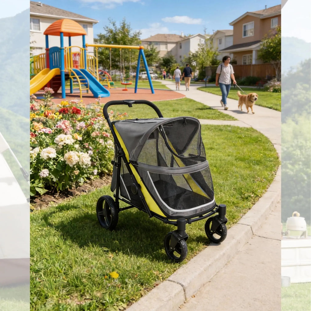 All-Terrain Easy-Fold Pet Wagon for Large & Medium Dogs with One-Foot Brake & Air Mesh