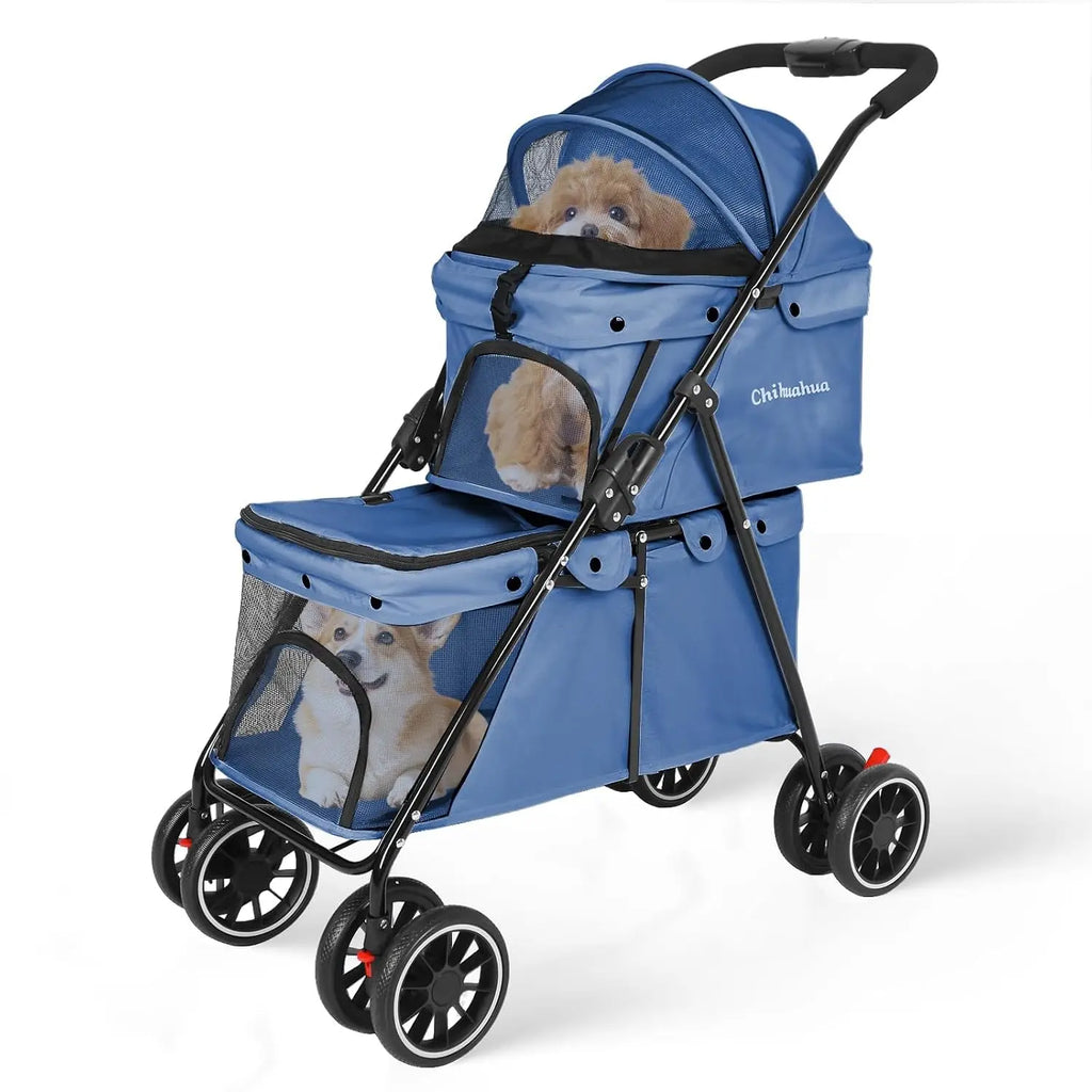 Lightweight Folding Double Pet Stroller for 2 Dogs or Cats with 4 Lockable Wheels