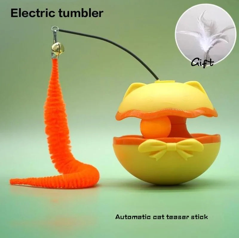 Electric Tumbler Cat Toy with Feather Stick — Self-Rolling Teaser