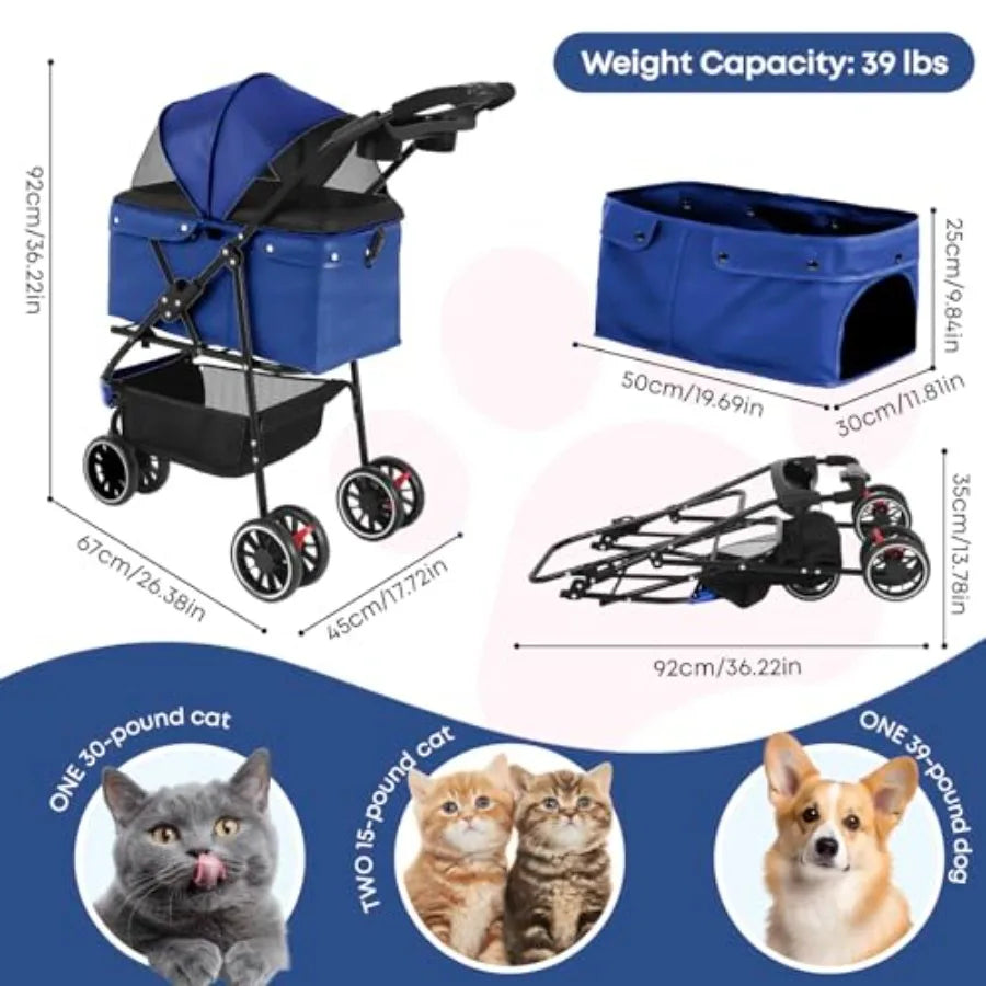 3-Wheel Foldable Pet Stroller with Breathable Mesh Canopy & Cup Holders for Small & Medium Dogs & Cats