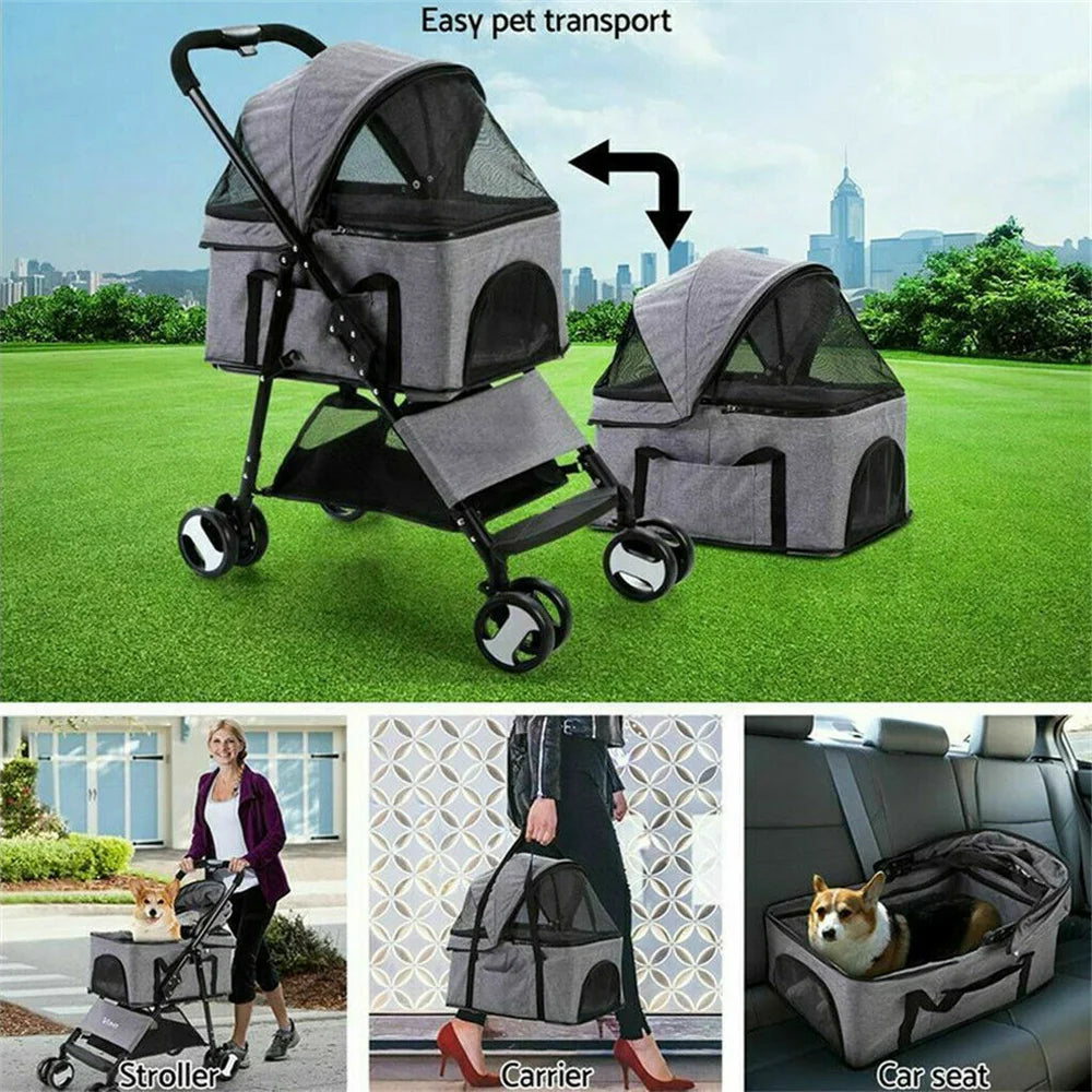 4-Wheel Pet Pram Buggy & Jogger Stroller with Rain Cover for Dogs & Cats