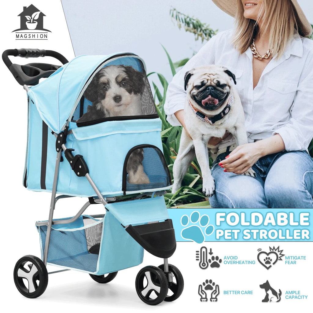 Magshion Foldable 3-Wheel Pet Jogger Stroller with Storage Basket & Cup Holder