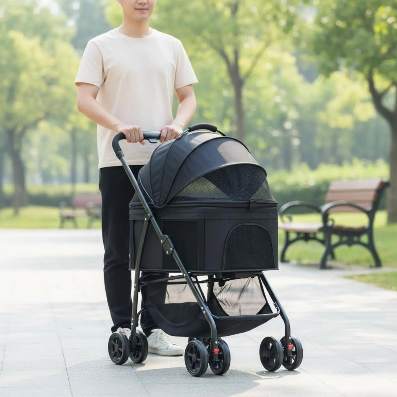 Lightweight Foldable Pet Carrier with Full-Rotation Wheels & Detachable Carrier for Dogs & Cats