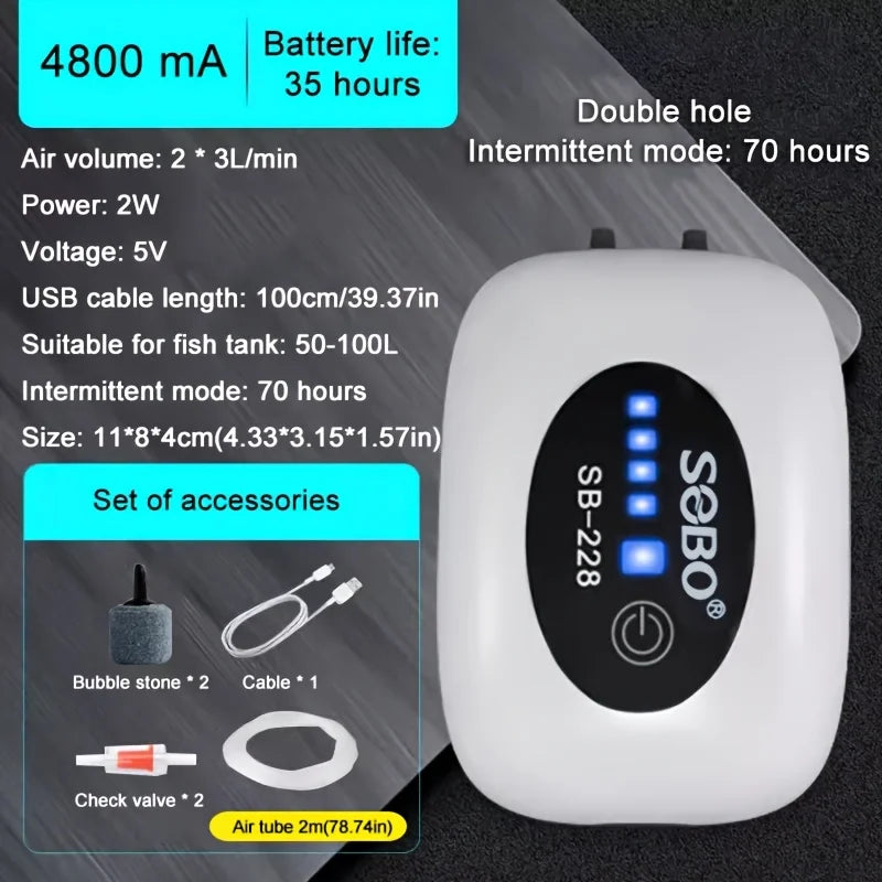 Rechargeable 4800mAh USB Aquarium Air Pump Silent Portable