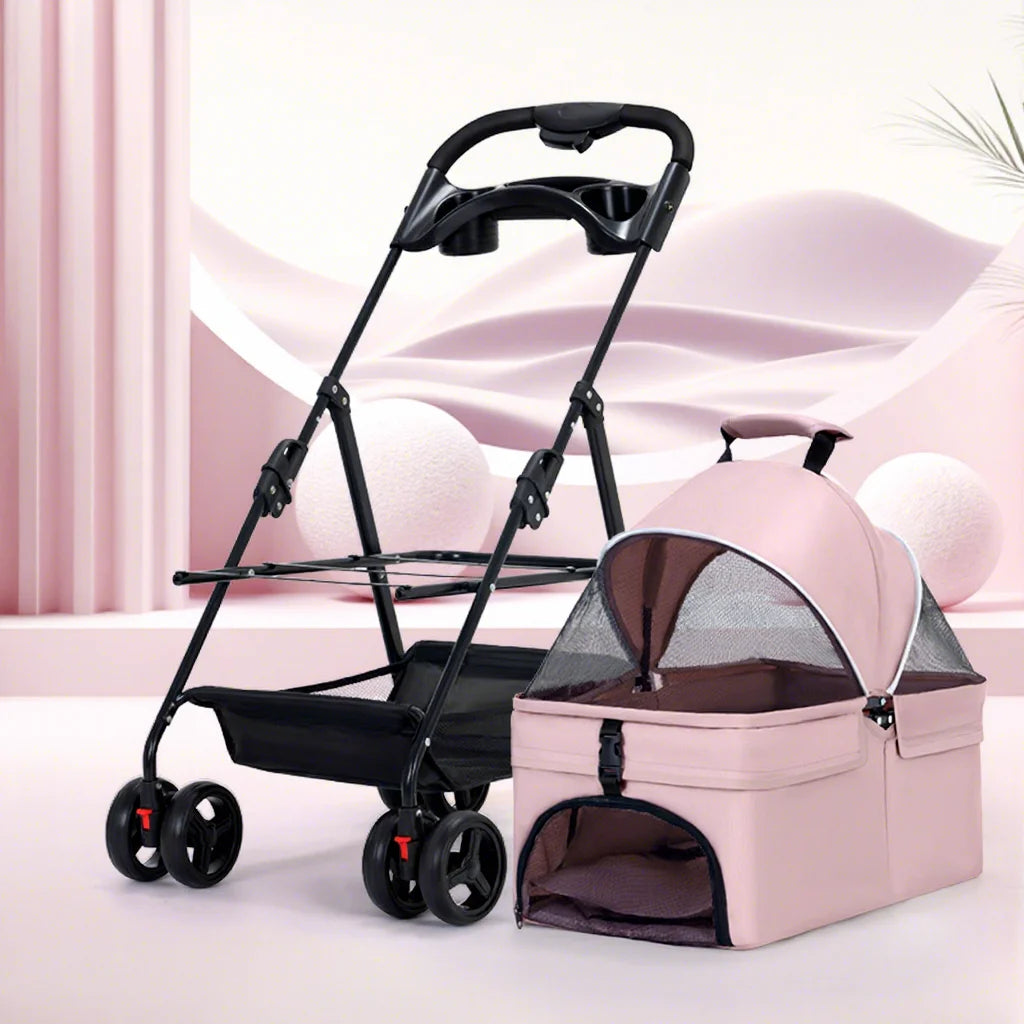 Ultra-Breathable Mesh One-Hand Folding Pet Stroller with Dual Zippered Doors & Detachable Carrier for Dogs & Cats