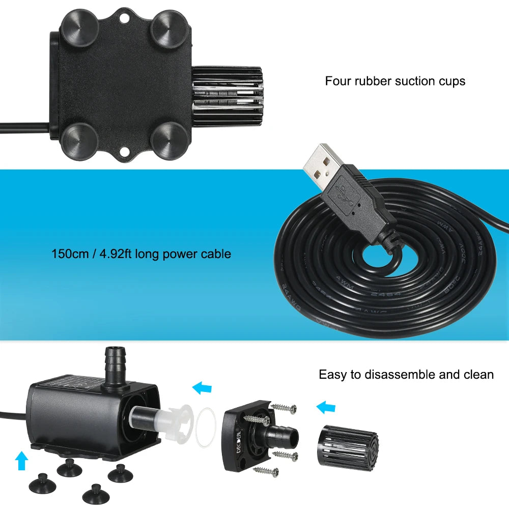 USB Brushless Submersible Aquarium Pump (DC5V, 4.8W, 300L/H, Ultra-Quiet)