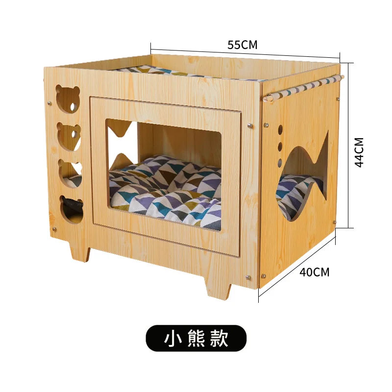 Wooden Double-Deck Pet Bed with Hammock & House