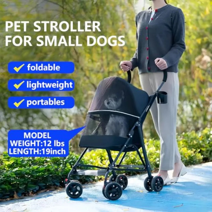 Lightweight Foldable Black Pet Stroller with Mesh Ventilation & Cup Holder for Dogs & Cats