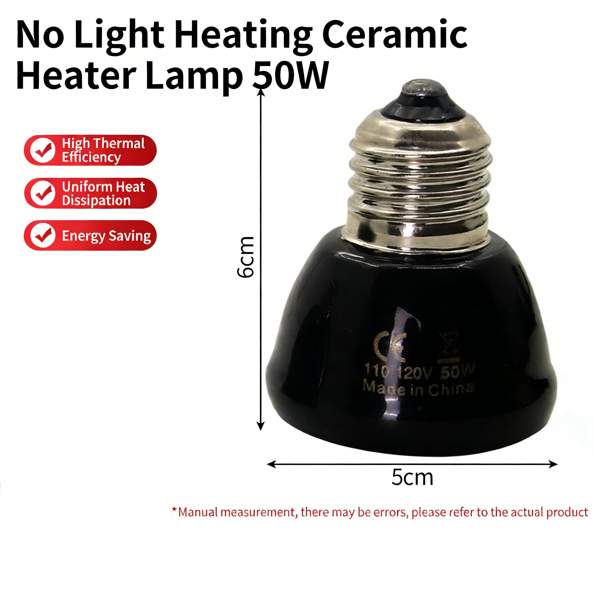 Ceramic Infrared Heat Lamp — No-Light Nighttime Heat for Lizards & Snakes, 25W-100W