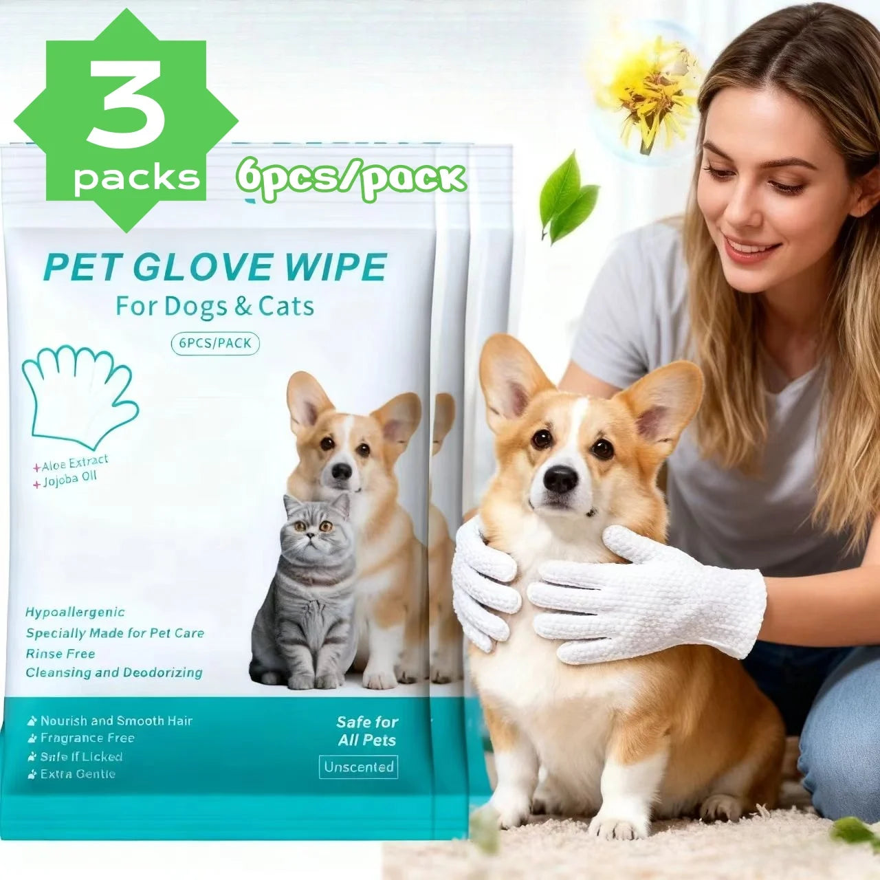 Pet Grooming Glove Wipes — Cleaning & Deodorizing On-the-Go, 18-Count