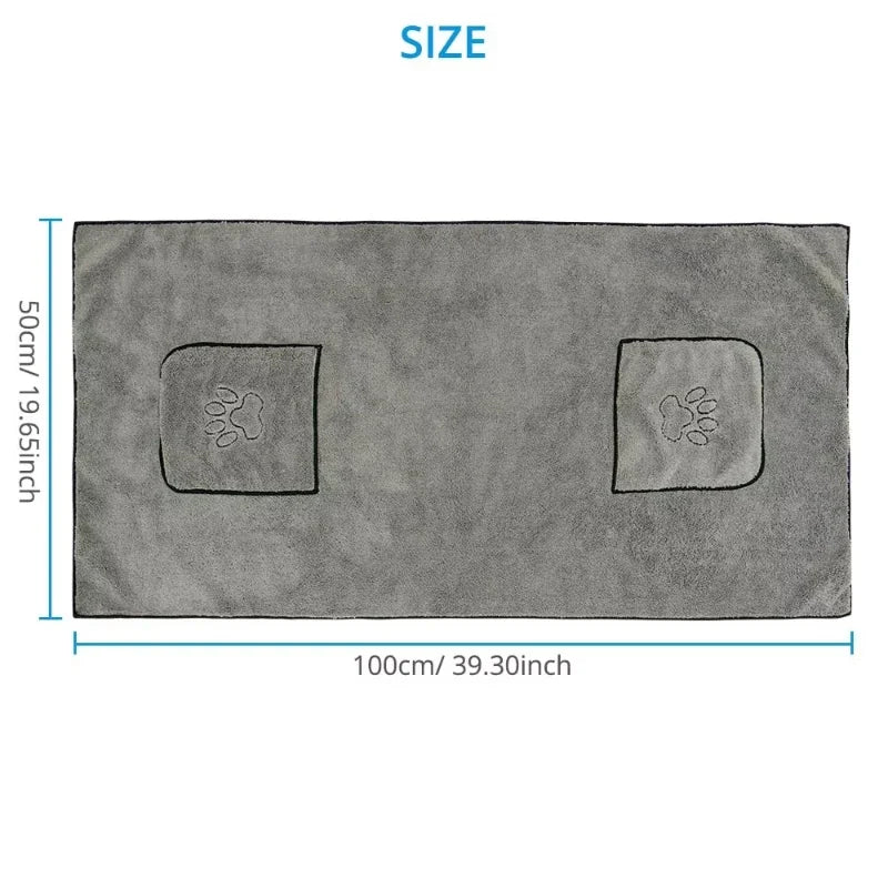 Large Pocket-Design Pet Bath Towel — Quick-Drying, 50x100cm
