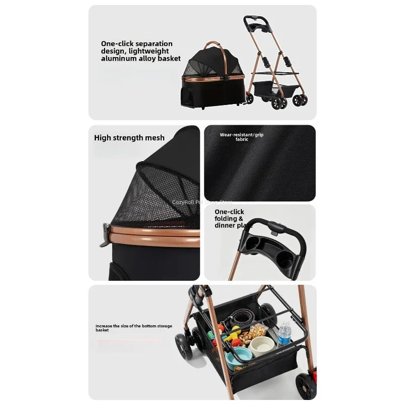 Lightweight Aluminum Alloy Puppy Stroller with Detachable Storage Basket — 50 lb Capacity Small Pet Cart