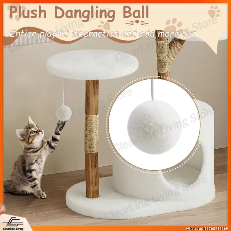Modern Wood Cat Tree with Wicker Condo & Scratching Post