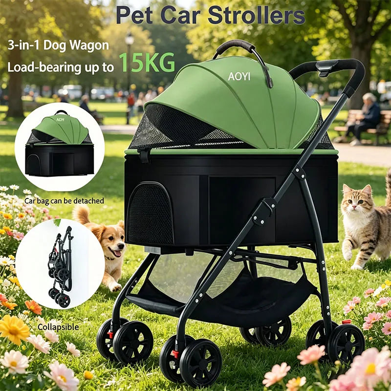 3-in-1 Lightweight Foldable Pet Stroller for Small & Medium Dogs & Cats — Outdoor Carrier with Car Seat Mode