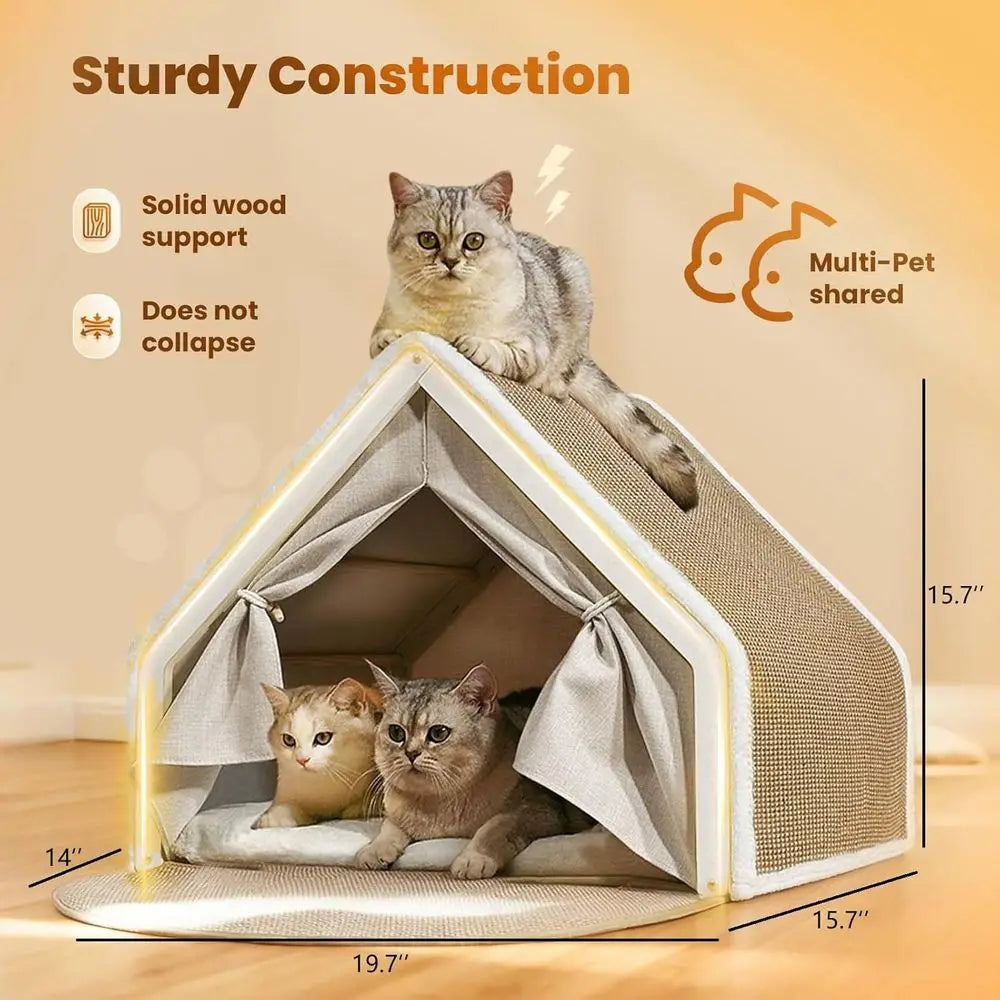 Wooden Cat Cave Bed with Sisal Scratcher & Curtains