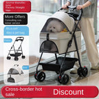 Ultra-Breathable Mesh One-Hand Folding Pet Stroller with Dual Zippered Doors & Detachable Carrier for Dogs & Cats