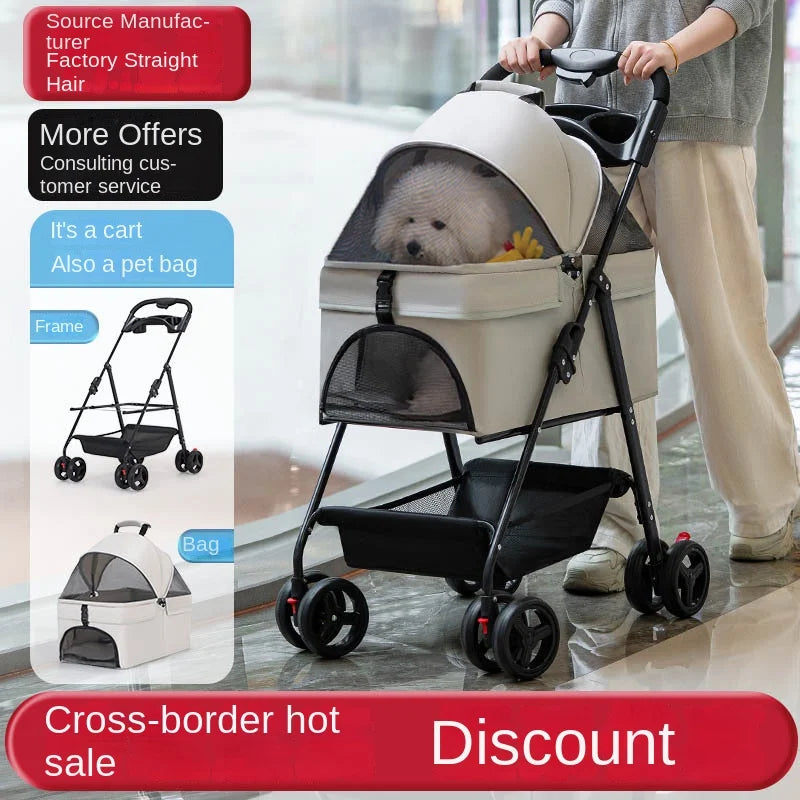 Ultra-Breathable Mesh One-Hand Folding Pet Stroller with Dual Zippered Doors & Detachable Carrier for Dogs & Cats