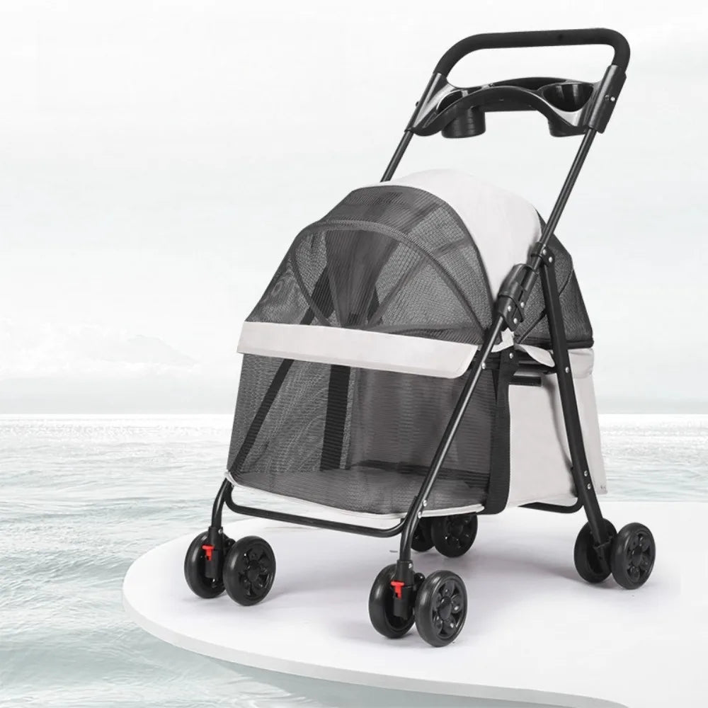Foldable 4-Wheel Pet Pushchair Stroller with Mesh & Cup Holder for Dogs & Cats