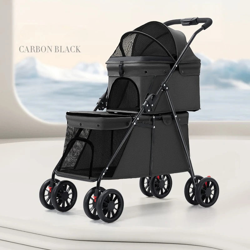 Lightweight Double-Layer Foldable Pet Stroller for Two Pets