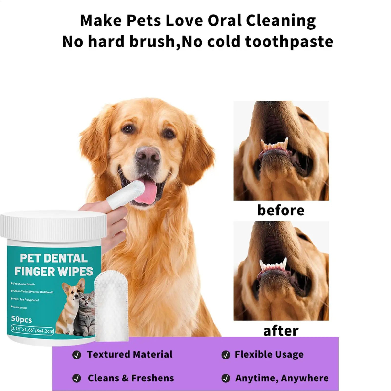Disposable Finger Toothbrush Wipes for Pets — Fresh Breath, 50-Pack