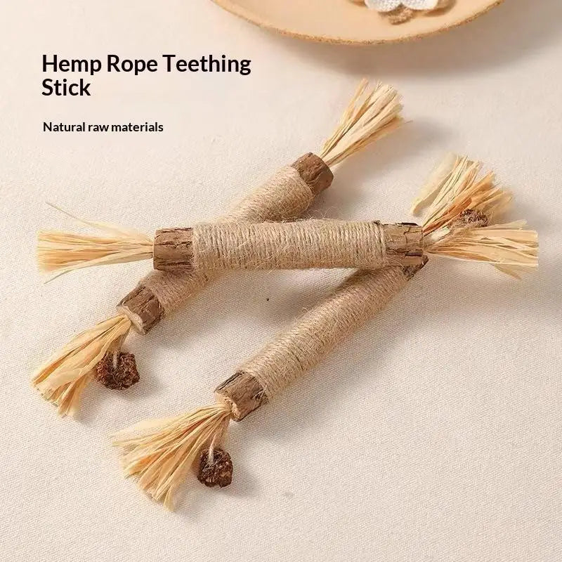 Natural Wood Knotweed Cat Teething Sticks — Sisal Rope & Raffia